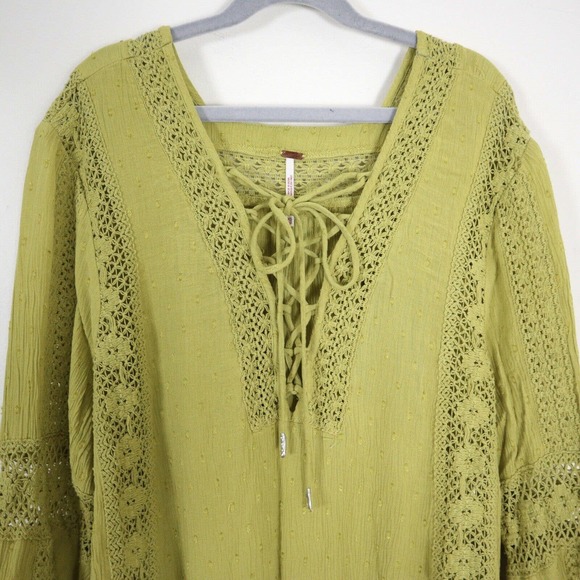 Free People XS Gauze Lace Lattice Neck Tunic Chartreuse Babydoll Bell Sleeve - Picture 2 of 11